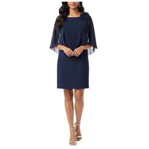 XSCAPE Chiffon Overlay Knit Mini Sheath Cocktail Dress Navy Blue Size 16